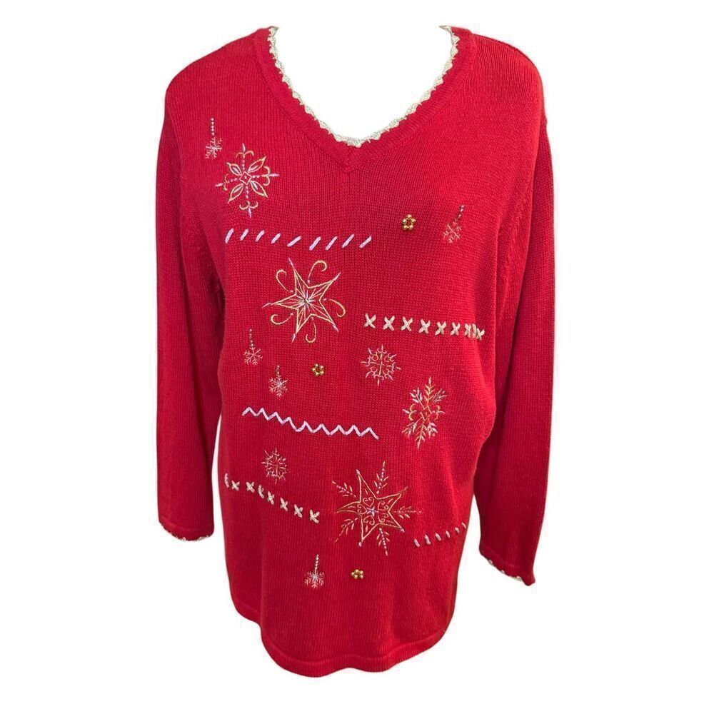 Holiday Editions Red with Gold Snow Flakes Christmas Sweater Size 2X